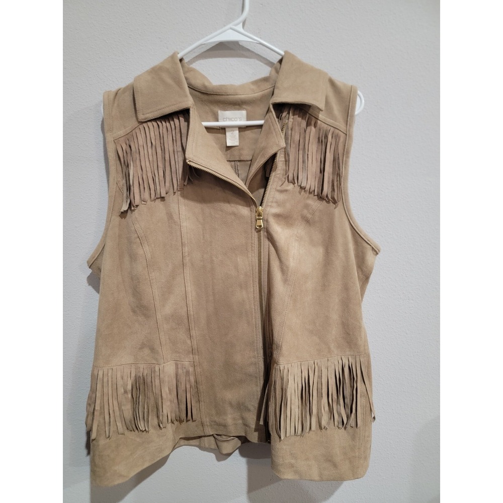 Chico's size 2 (M) Tan Stretch Suede cloth Fringed Vest Zip Front Women's